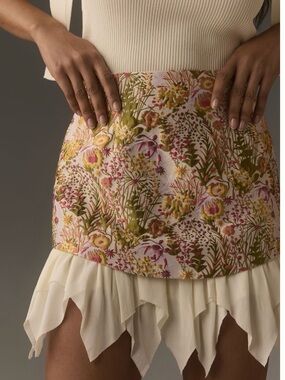 White Floral Mini Skirt with Cream Chiffon Hem